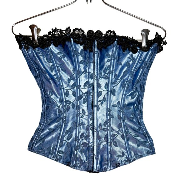 Empire Intimates Satin Blue Floral Lace Up Corset Bustier Sz 32 - Picture 5 of 11
